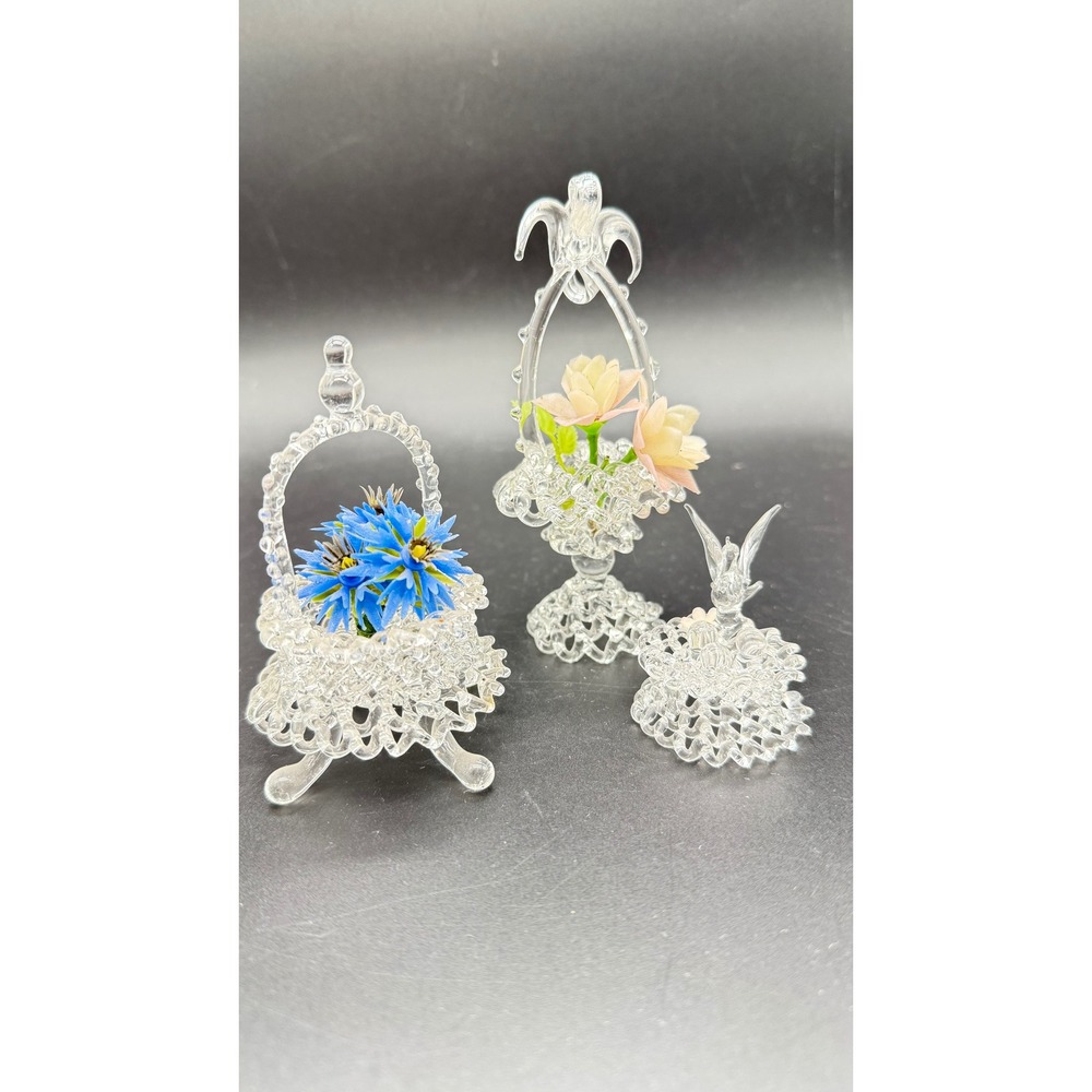 Vintage Spun Glass Miniature Baskets and Swan Figurine Set Clear Hand Blown 3pc
